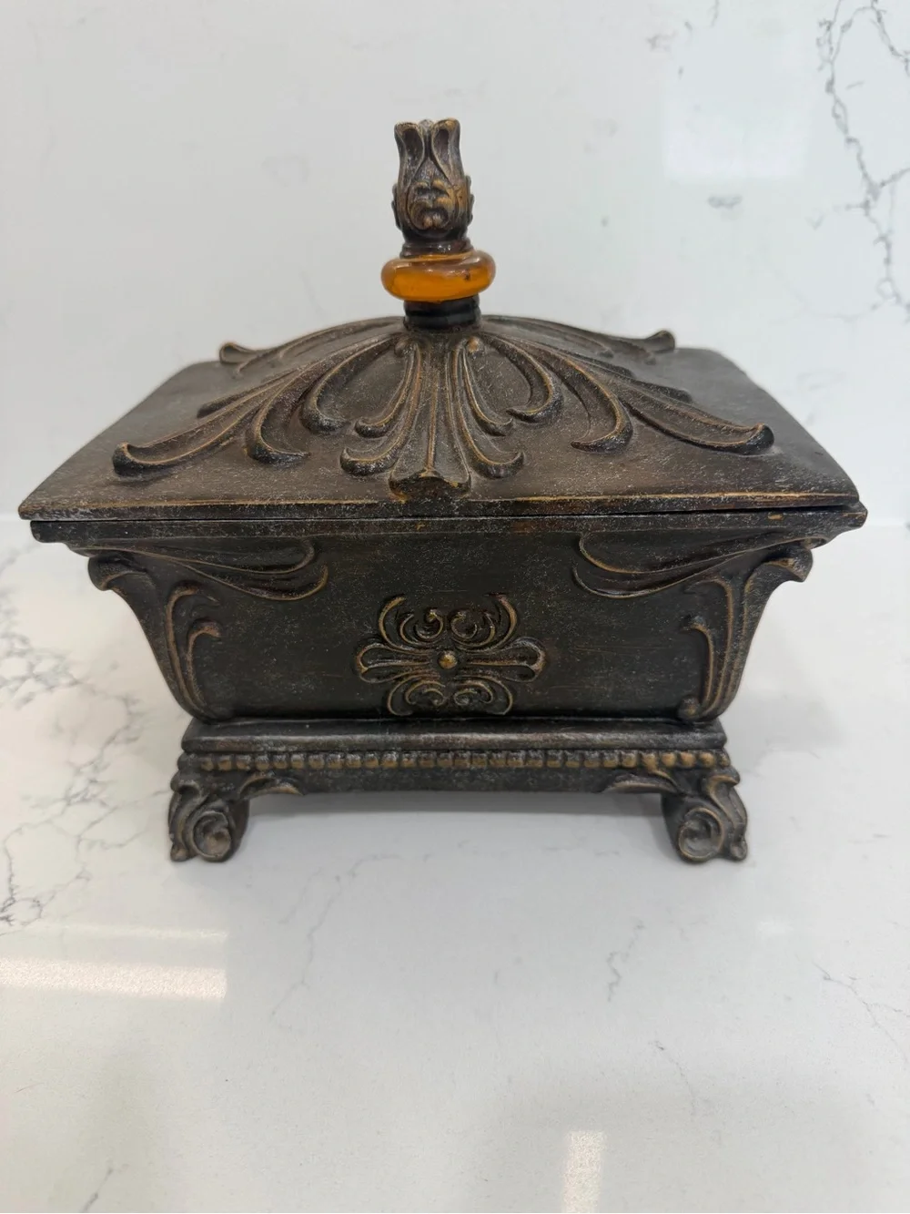 Ornate Decorative Metal Trinket Box in Aged Bronze with Amber Knob